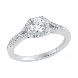 Halo diamond engagement ring with shared prong diamond melee 