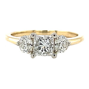 14kt two tone yellow and white gold ring set with half-moon melee and a princess cut center 
