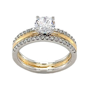 Two-tone yellow and white gold diamond ring with shared prong diamond melee and a 4 prong center head 