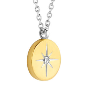 Round gold plated pendant with a white zirconia centerpiece and star engravings all around it. A luminous guiding light you can always turn to for direction. Its perfect disk shape hangs delicately on a thin silver chain.