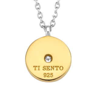 Round gold plated pendant with a white zirconia centerpiece and star engravings all around it. A luminous guiding light you can always turn to for direction. Its perfect disk shape hangs delicately on a thin silver chain.