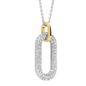 TI SENTO silver necklace has an oval-shaped pendant handset with a pavé of shimmering white cubic zirconia. A gold-plated clip holds it tight to its silver chain.