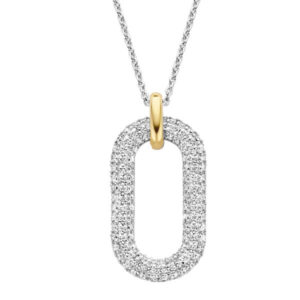 TI SENTO silver necklace has an oval-shaped pendant handset with a pavé of shimmering white cubic zirconia. A gold-plated clip holds it tight to its silver chain.