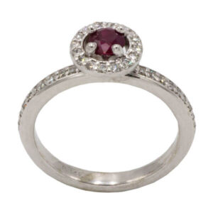 Ruby & halo diamond ring with channel band set in white gold
