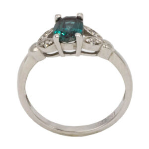 Round cut blue green alexandrite & diamond ring in a white gold vintage setting