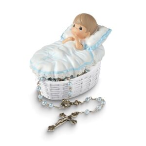 Precious Moments Blue Baby Baptism 17.5 inch Rosary and Resin Box Set