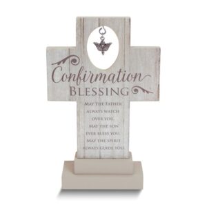 CONFIRMATION BLESSING Standing Wooden Cross with Pewter Finish Dove Charm 