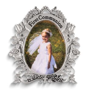 FIRST COMMUNION Silver-tone and Enamel Metal Floral 2x2.5 Photo Frame