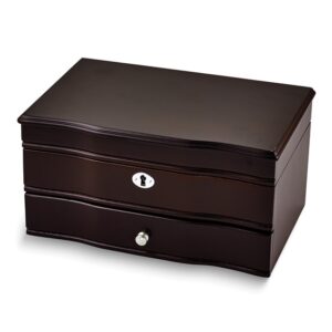 Mahogany Finish Mirrored Wooden Locking Jewelry Box with Grey Suede Lining
