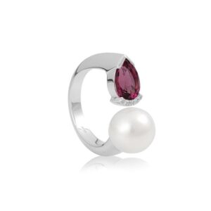 German designed white gold fashion ring with a cultured white pearl and a pear-shaped genuine tourmaline