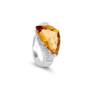 German designed fashion ring set with a unique cut natural Citrine and natural brilliant cut diamond melee 