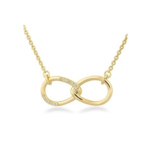 yellow gold infinity pendant with natural brilliant cut diamond melee and a fixed cable chain 