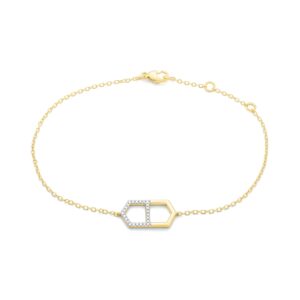 yellow gold chain style bracelet with a geometric style appliqué and .12ct tw of natural brilliant cut diamond melee 
