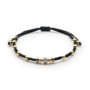 Leather style pull to fit bracelet with 14kt yellow gold beads and .22ct tw of natural diamond mele 
