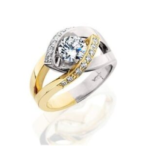 aurum two tone yellow and white gold engagement ring with a half bezel or channel style center setting and natural brilliant cut diamond melee 