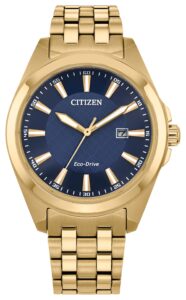 Gold tone stainless steel with blue dial