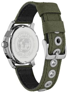 Silver stainless steel with black dial and green nylon strap