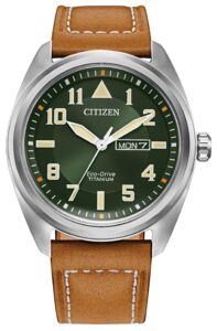 Stainless steel with green dial and leather strap