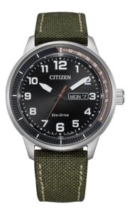 Stainless Steel with black dial and green nylon strap