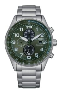 Silver stainless steel with green dial