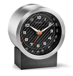 Citizen Workplace round silver-tone clock with carbon fiber dial on a black solid oak base, and custom engravable plaque. Bluetooth speaker with 4 hour playing time with ability to sync with phone (any Bluetooth-enabled device). Sweep second hand.