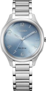 Silver stainless steel with light blue dial.