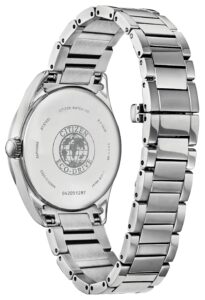 Silver stainless steel with silver-tone dial and diamond accents.