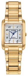 Gold-tone stainless steel with white dial. 