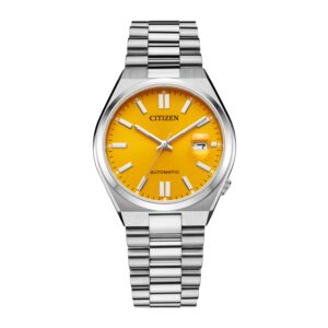 Silver stainless steel with yellow dial