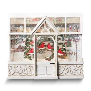 Ivory Finish LED Cardinals in Greenhouse Snow Lantern