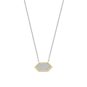 flaunts a dazzling pavé setting of cubic zirconia stones arranged in a captivating geometric shape